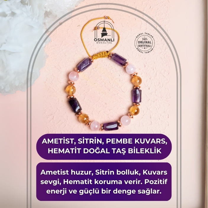 Sertfikalı Ametist,  Sitrin, Pembe Kuvars, Hematit Doğal Taş Bileklik