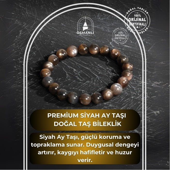 Sertifikalı Orijinal Premium Siyah Ay Taşı Doğal Taş Bileklik