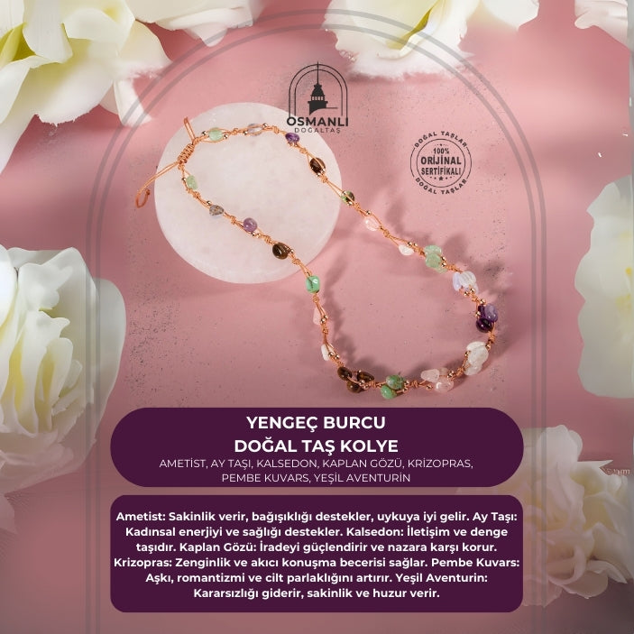 Yengeç Burcu Kolye Ametist, Ay Taşı, Kalsedon, Kaplan Gözü, Krizopras, Pembe Kuvars, Yeşil Aventurin