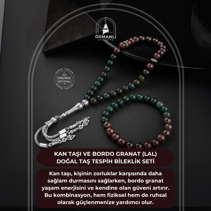 Kan Taşı-Bordo Granat Lal Doğal Taş Tesbih Bileklik Seti