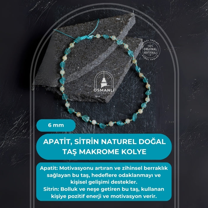 Sertifikalı Apatit, Sitrin Naturel Doğal Taş Makrome Kolye