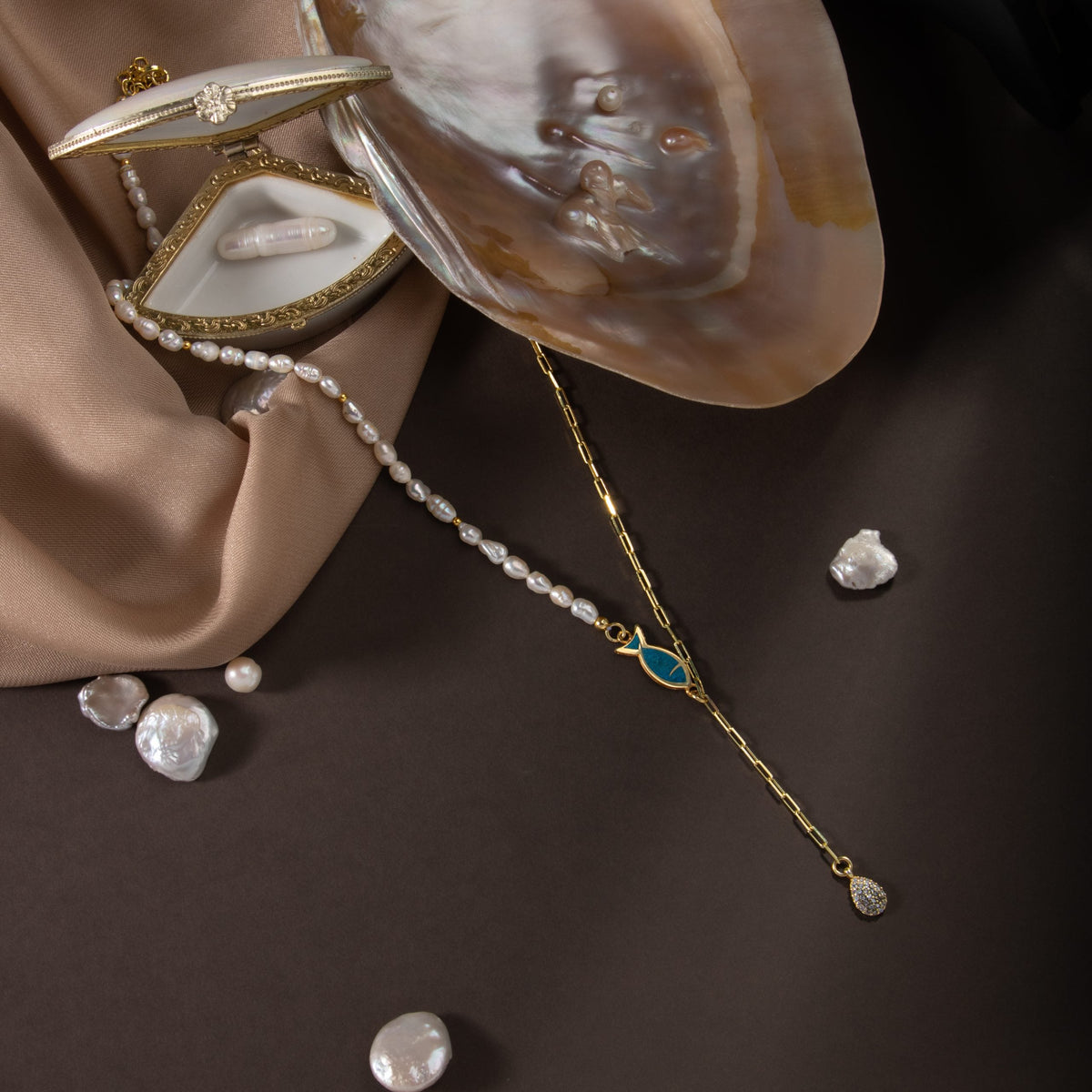 İnci Doğal Taş Gümüş Zincir Kolye