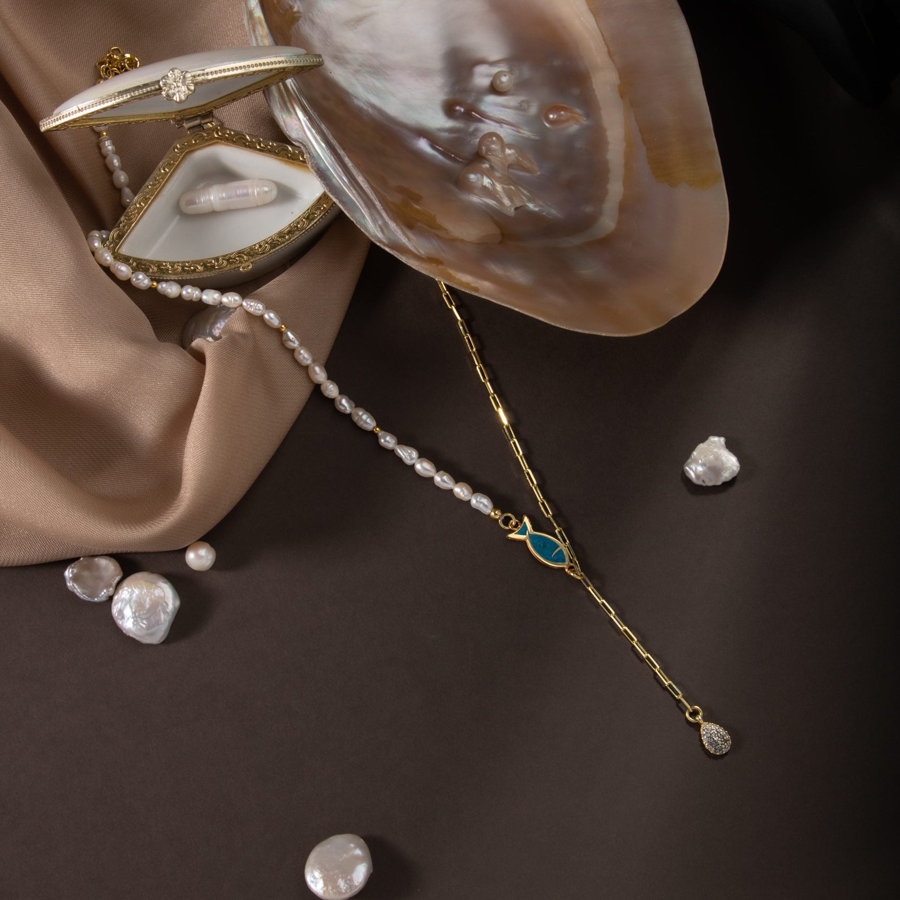 İnci Doğal Taş Gümüş Zincir Kolye