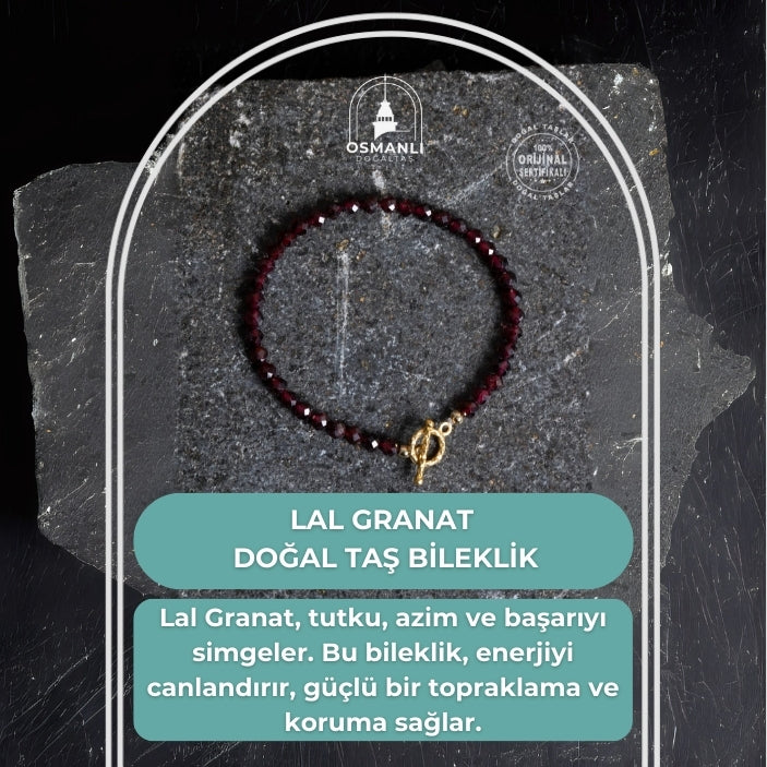 Sertifikalı Lal Granat Altın Kaplama Fasetli  Doğal Taş Bileklik