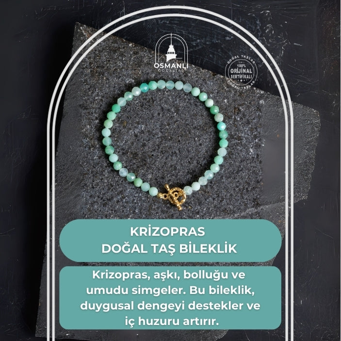 Sertifikalı Krizopras Altın Kaplama Gümüş Aparat Doğal Taş Bileklik
