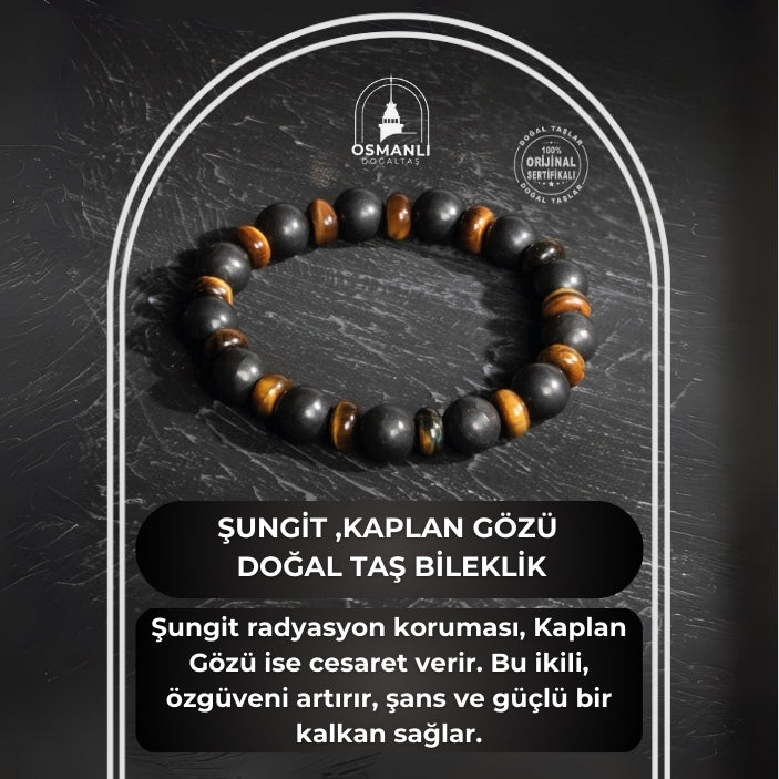 Sertifikalı Orijinal Şungit Dar Kesim Kaplan Gözü Doğal Taş Bileklik