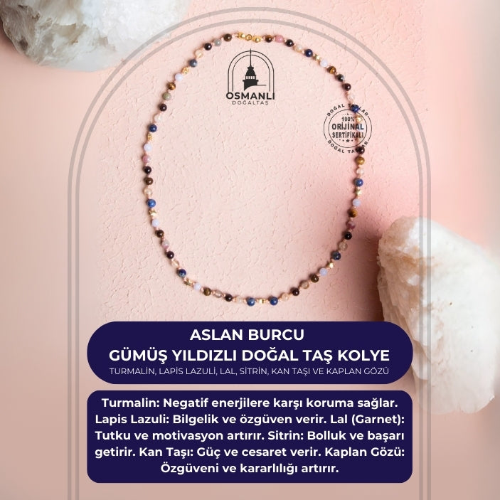 Sertifikalı Aslan Burcu Gümüş Yıldızlı Doğal Taş Kolye