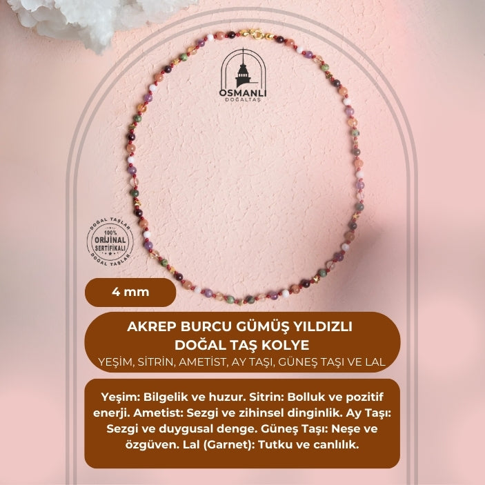 Sertifikalı Akrep Burcu Gümüş Yıldızlı Doğal Taş Kolye