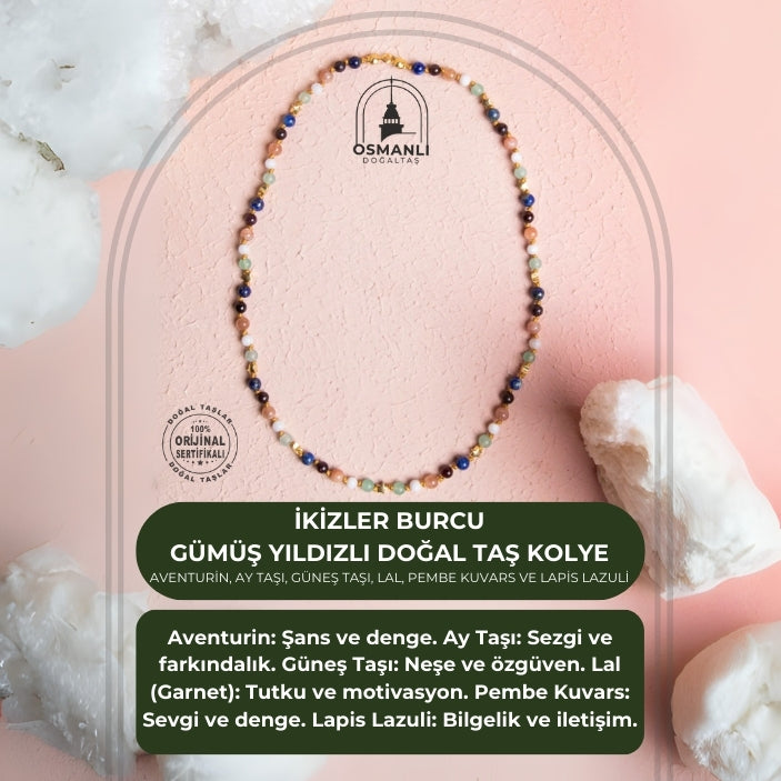 Sertifikalı İkizler Burcu Gümüş Yıldızlı Doğal Taş Kolye