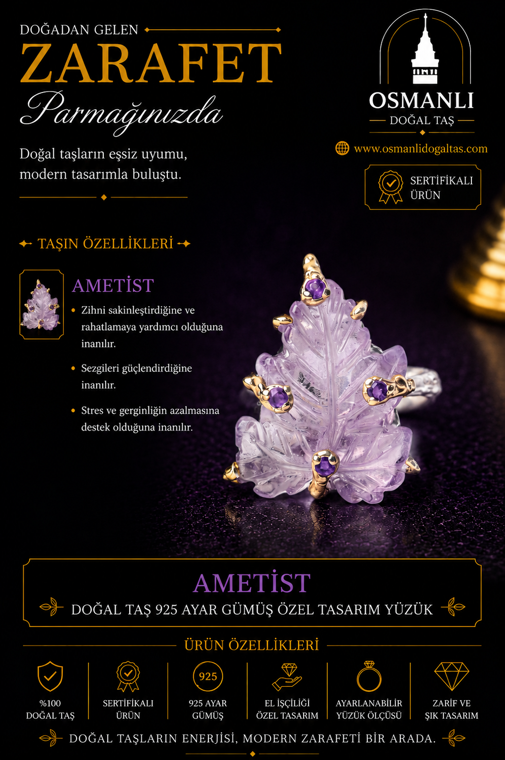 Ametist Doğal Taş 925 Ayar Gümüş Özel Tasarım Yüzük