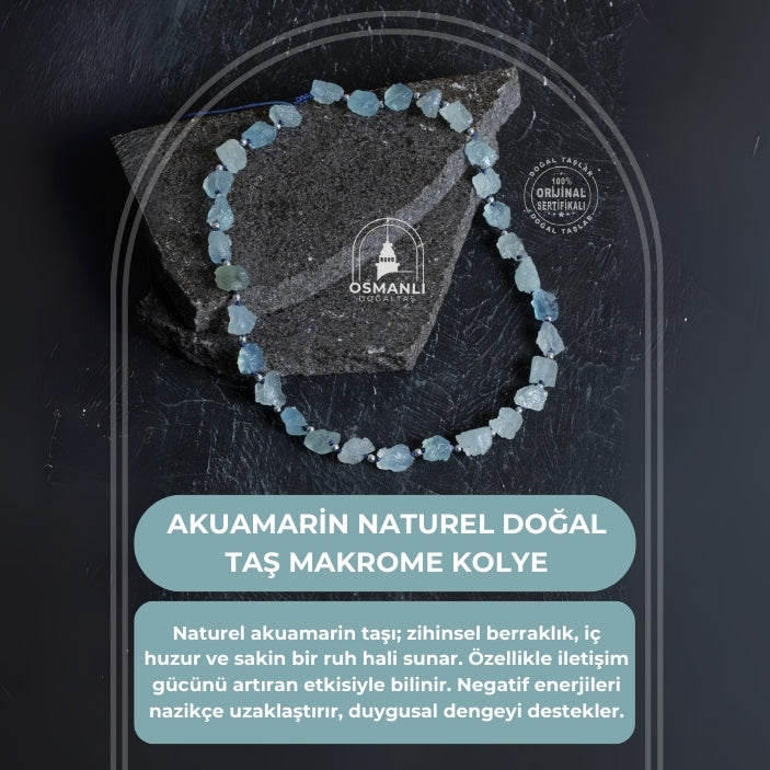 Sertifikalı Akuamarin Naturel Doğal Taş Makrome Kolye