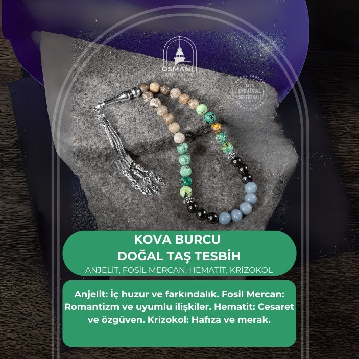 Kova Burcu Tesbih Anjelit, Fosil Mercan, Hematit, Krizokol