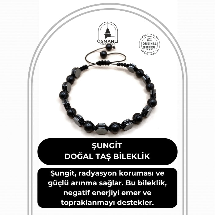 Sertifikalı Hematit - Şungit  Doğal Taş Bileklik Taş Üzeri İpli
