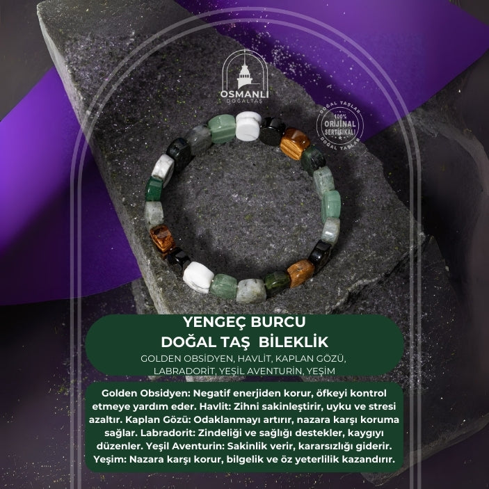 Yengeç Burcu Bileklik Golden Obsidyen, Havlit, Kaplan Gözü, Labradorit, Yeşil Aventurin, Yeşim