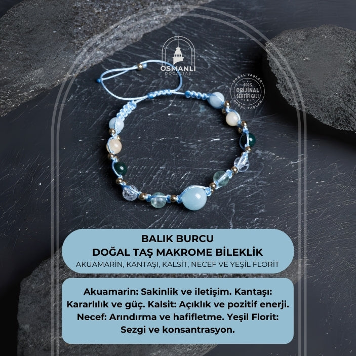 Sertifikalı Balık Burcu Doğal Taş Makrome Bileklik
