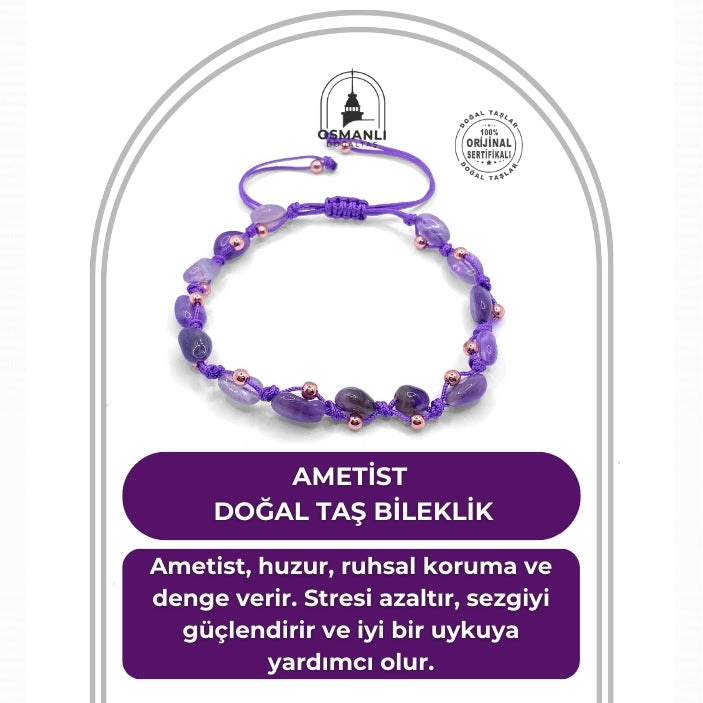 Ametist Doğal Taş Merdiven Kapama Büyük Kesim Naturel İpli Her Bileğe Ayarlanabilir Bileklik