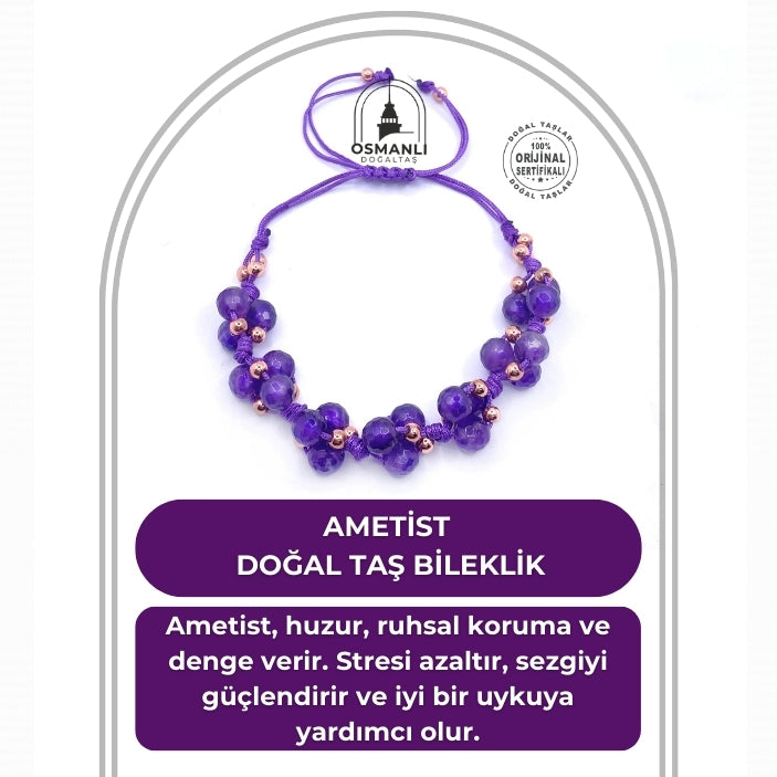 Ametist Doğal Taş Fasetli Kesim Ayarlanabilir Bileklik