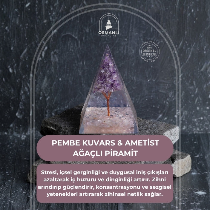 Sertifikalı Pembe Kuvars & Ametist Ağaçlı Piramit