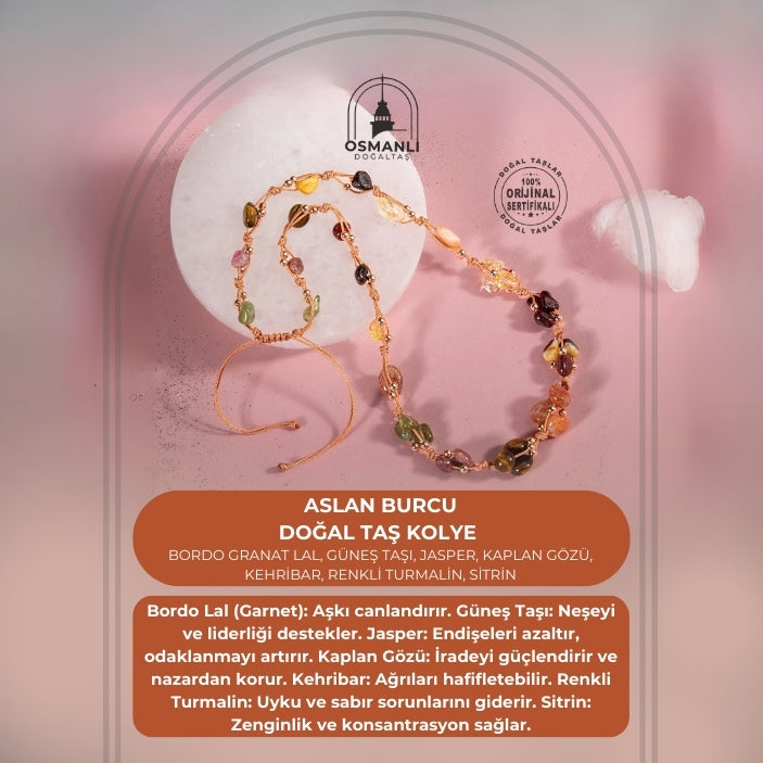 Aslan Burcu Kolye Bordo Granat Lal, Güneş Taşı, Jasper, Kaplan Gözü, Kehribar, Renkli Turmalin, Sitrin