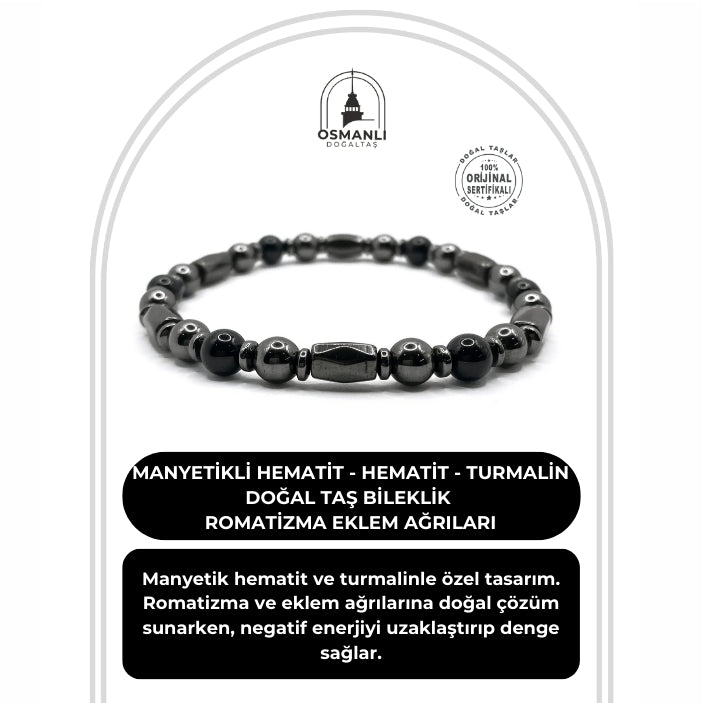 Sertifikalı Manyetikli Hematit - Hematit - Turmalin Doğal Taş Bileklik Romatizma Eklem Ağrıları