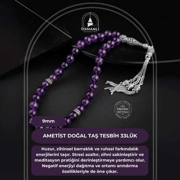 Ametist Doğal Taş 9mm Gümüş Tesbih