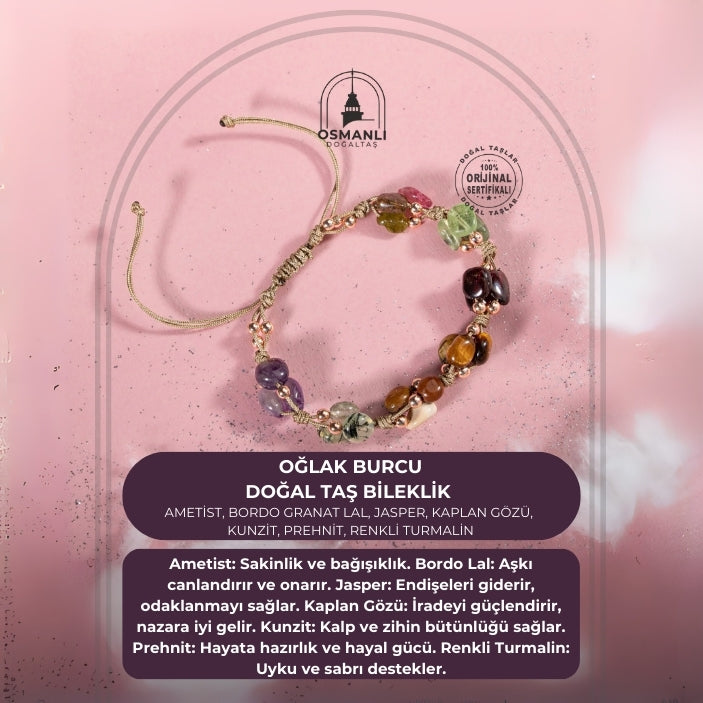 Oğlak Burcu Bileklik Ametist, Bordo Granat Lal, Jasper, Kaplan Gözü, Kunzit, Prehnit, Renkli Turmalin