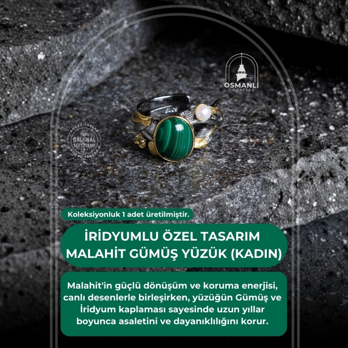 Sertifikalı İridyumlu Özel Tasarım Malahit Gümüş Yüzük (Kadın)