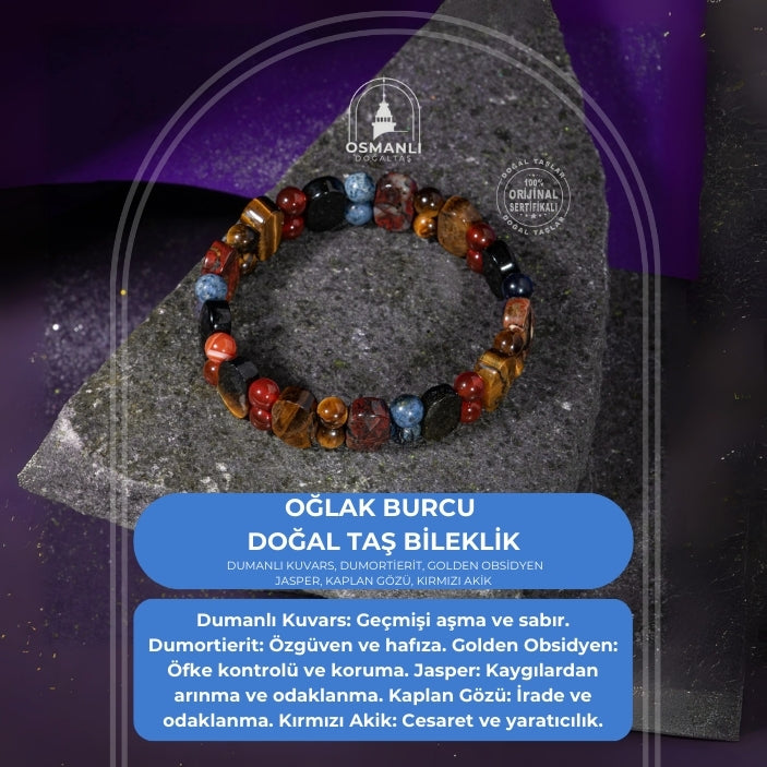 Oğlak Burcu Bileklik Dumanlı Kuvars, Dumortierit, Golden Obsidyen, Jasper, Kaplan Gözü, Kırmızı Akik
