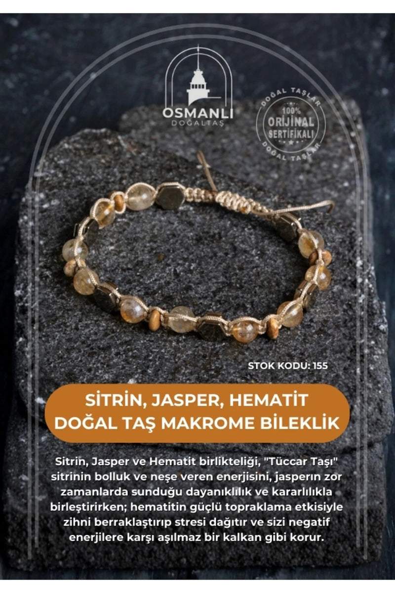 Sertifikalı Sitrin, Jasper, Hematit Doğal Taş Makrome Bileklik (SK:155)