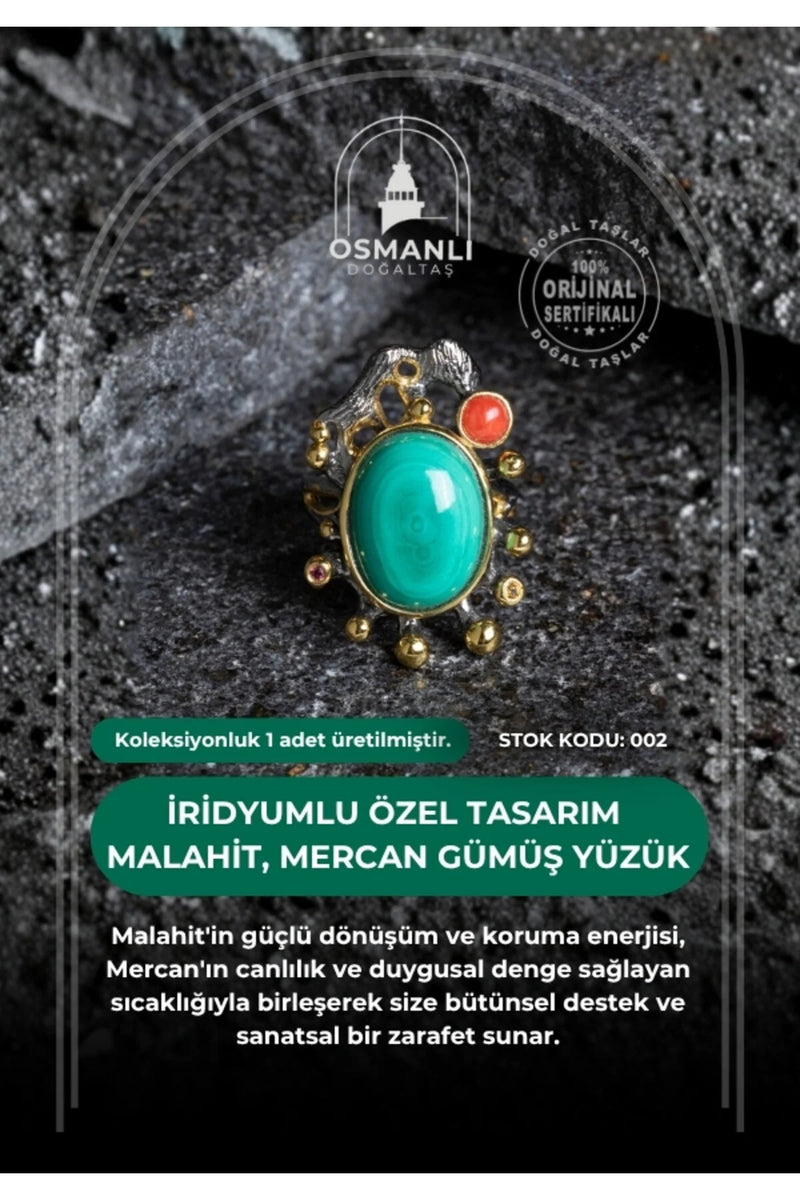 Sertifikalı İridyumlu Malahit, Mercan Özel Tasarım Gümüş Yüzük (Kadın) (SK:002)