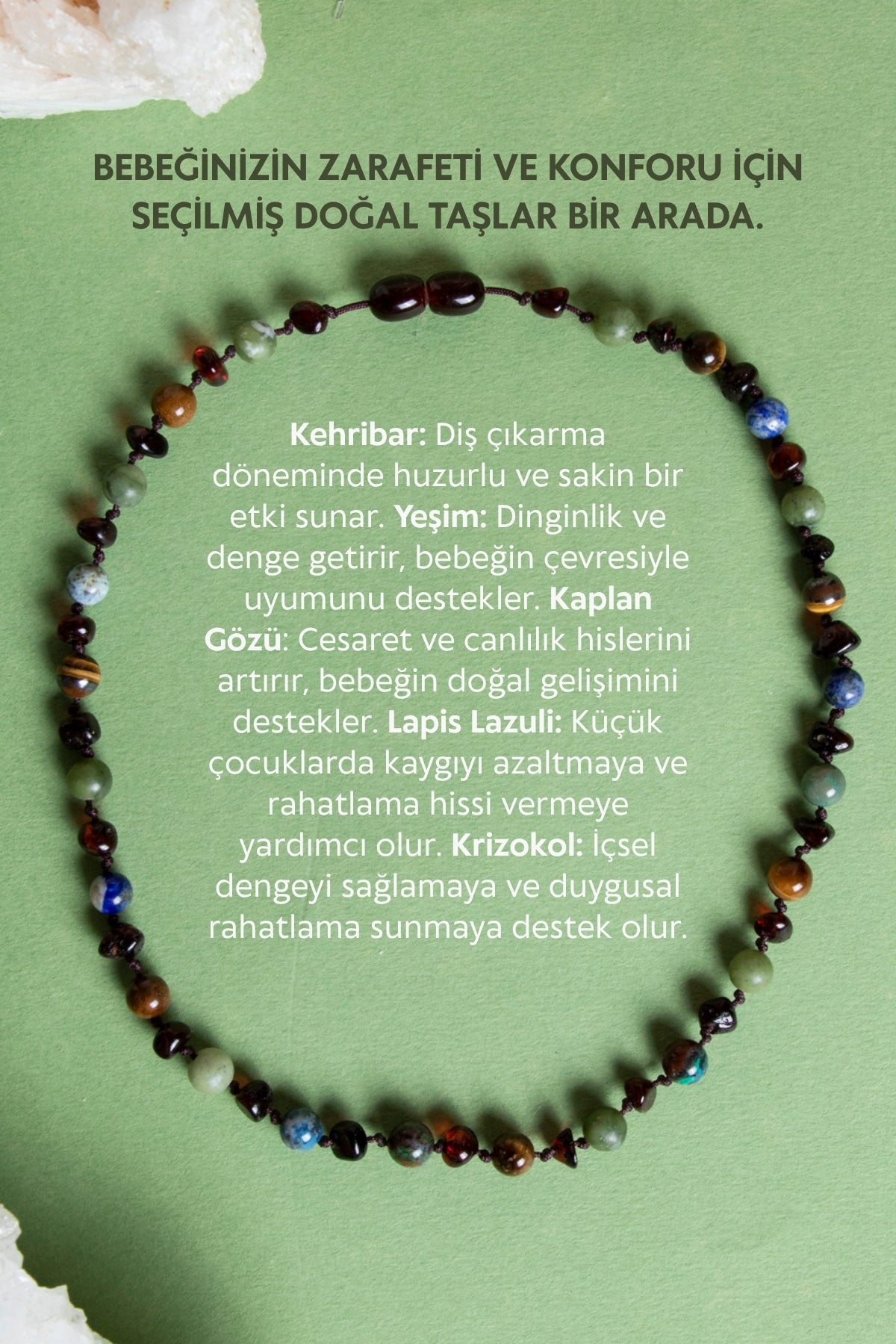 Sertifikalı Doğal Taş Bebek Kolye-yeşim,lapis,kehribar,kaplan Gözü,krizokol M106