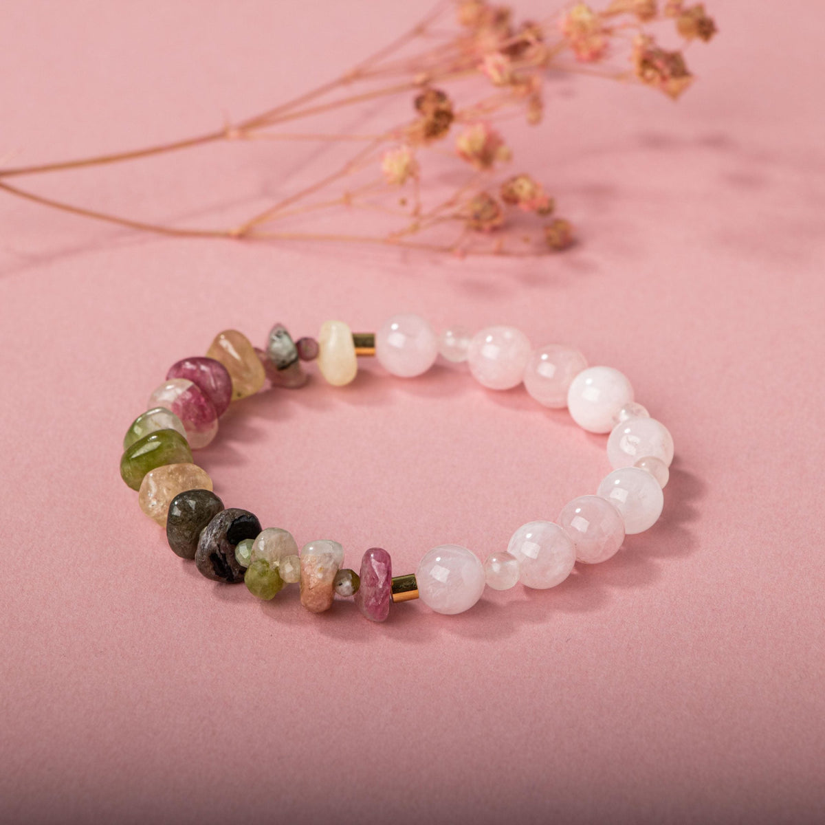 Renkli Turmalin-Pembe Kuvars Doğal Taş Bileklik