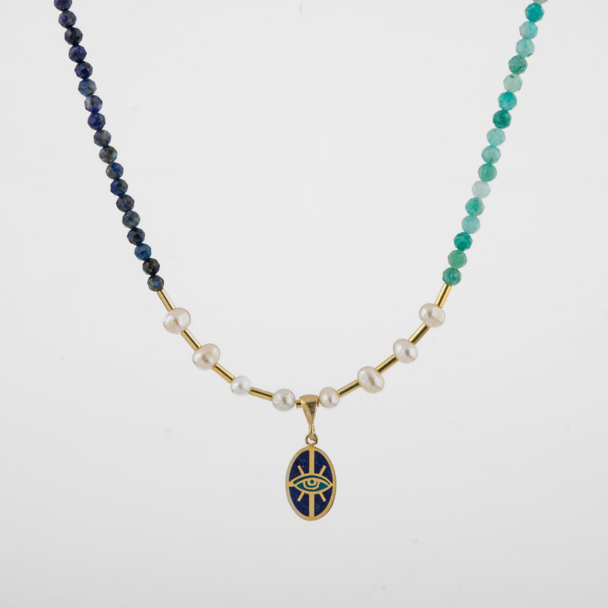 Mozaik Lapis Lazuli Taşlı-Amazonit-İnci Doğal Taş Gümüş Tasarım Kolye - 54cm