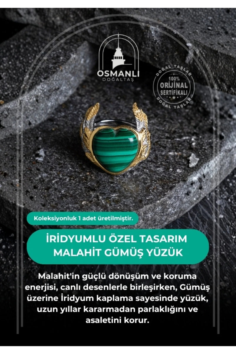 Sertifikalı Özel Tasarım İridyumlu Malahit Gümüş Yüzük (Kadın)