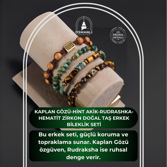 Kaplan Gözü-Hint Akik-Rudrashka-Hematit Zirkon Doğal Taş Erkek Bileklik Seti