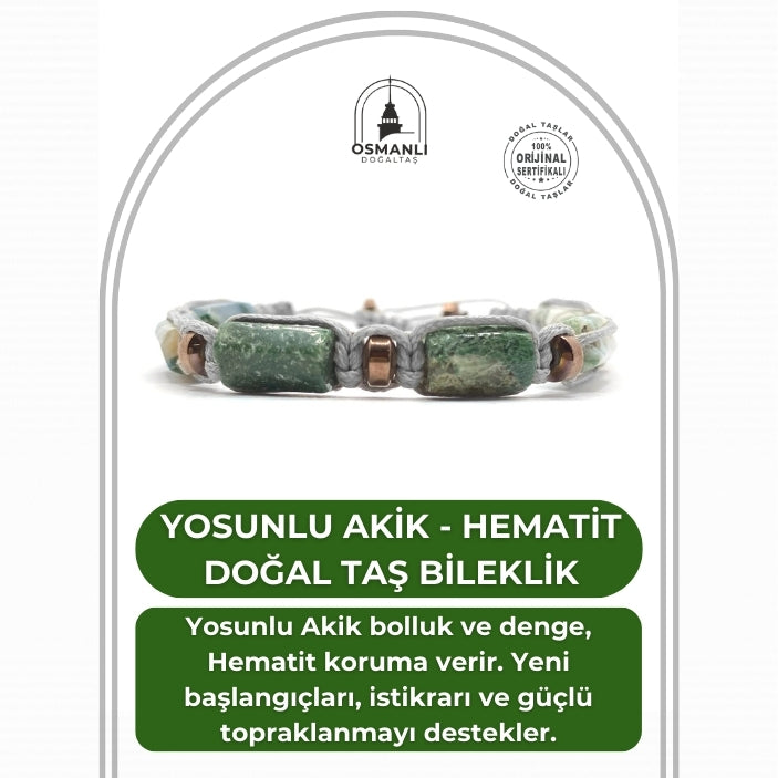 Sertifikalı Hakiki Orijinal Yosunlu Akik - Hematit  Doğal Taş İpli Bileklik (Köşeli Makrome Model)