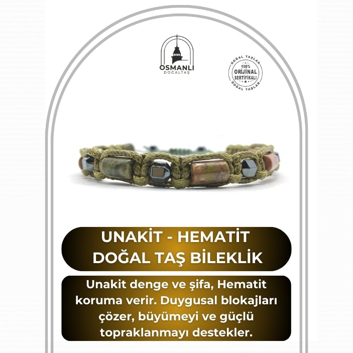 Sertifikalı Hakiki Orijinal Unakit - Hematit  Doğal Taş İpli Bileklik (Köşeli Makrome Model)