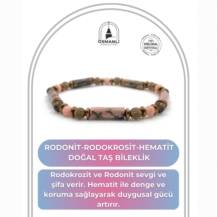 Sertifikalı Hakiki Rodonit-Rodokrozit-Hematit Doğal Taş Bileklik