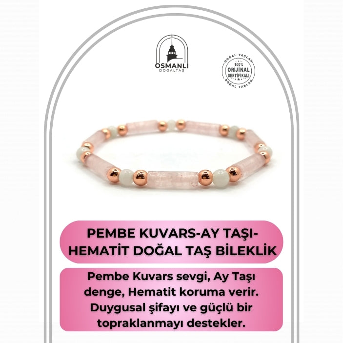 Sertifikalı Pembe Kuvars-Ay Taşı-Hematit Doğal Taş Bileklik