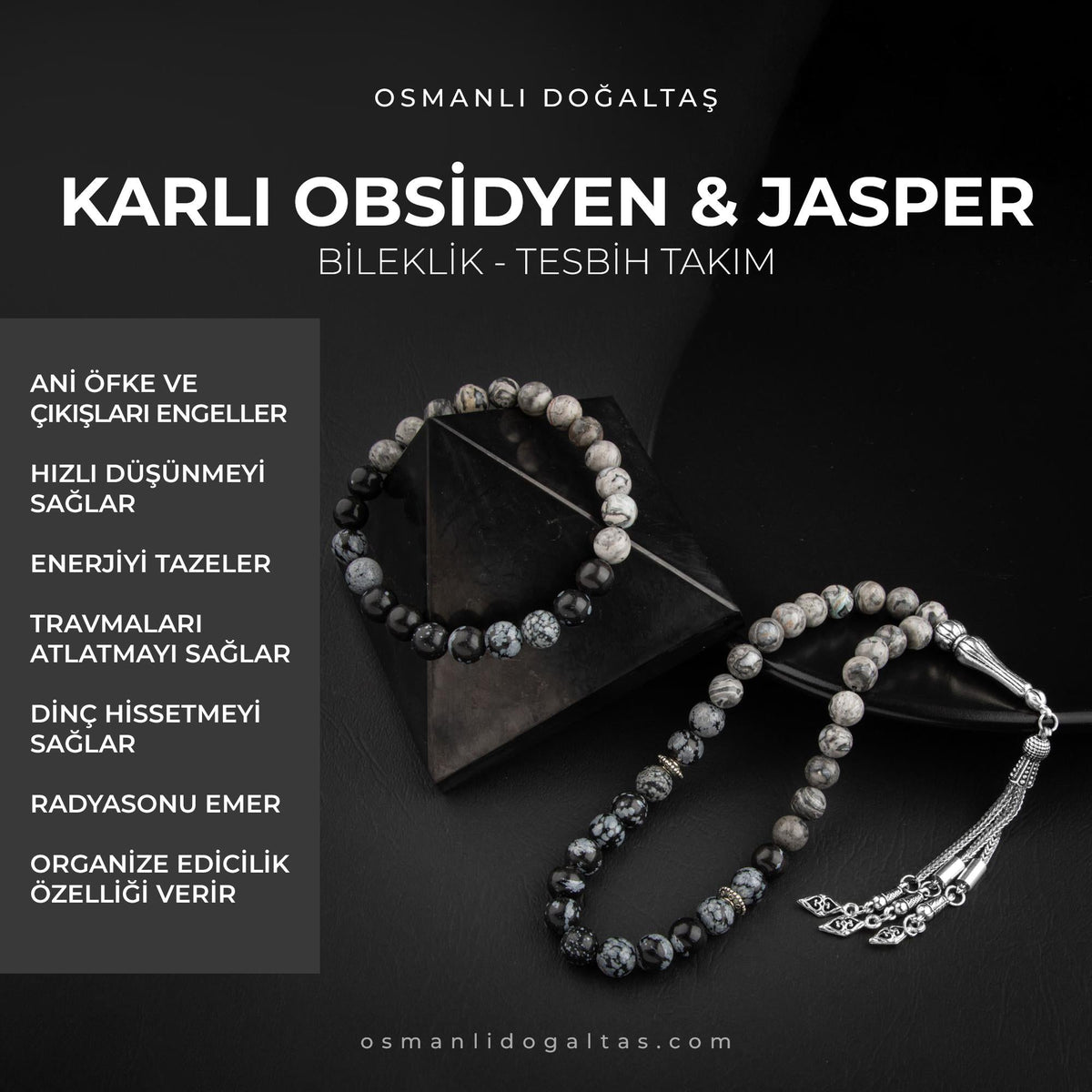 Gri Jasper-Karlı Obsidyen Doğal Taş Tesbih Bileklik Seti