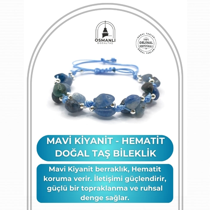 Sertifikalı Hakiki Orijinal Mavi Kiyanit - Hematit Doğal Taş İpli Merdiven Kapama Bileklik