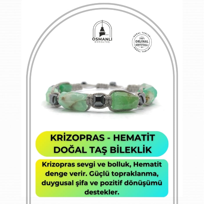 Sertifikalı Hakiki Orijinal Krizopras - Hematit  Doğal Taş İpli Bileklik (Köşeli Makrome Model)