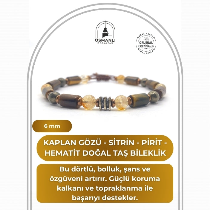 Sertifikalı Hakiki Orijinal Kaplan Gözü - 6mm Sitrin - Pirit - Hematit Doğal Taş İpli Ayarlanabilir Bileklik