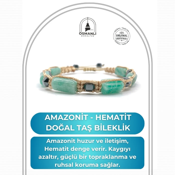 Sertifikalı Hakiki Orijinal Amazonit - Hematit  Doğal Taş İpli Bileklik (Köşeli Makrome Model)