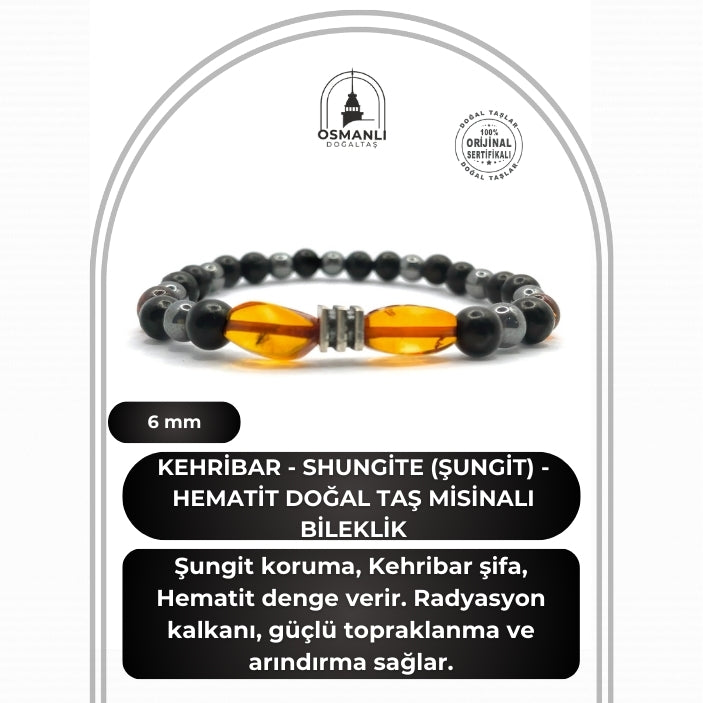 Orijinal Hakiki Kehribar - Shungite (Şungit) - Hematit Doğal Taş Misinalı Bileklik 6mm