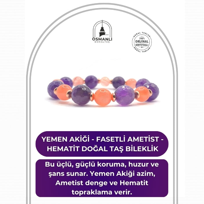 Hakiki Orijinal Sertifikalı Yemen Akiği - Fasetli Ametist  - Hematit Doğal Taş Misinalı Bileklik