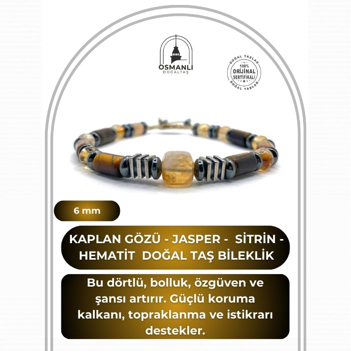 Hakiki Orijinal Sertifikalı Kaplan Gözü - Jasper - 6mm Sitrin - Hematit İpli Ayarlanabilir Doğal Taş Bileklik