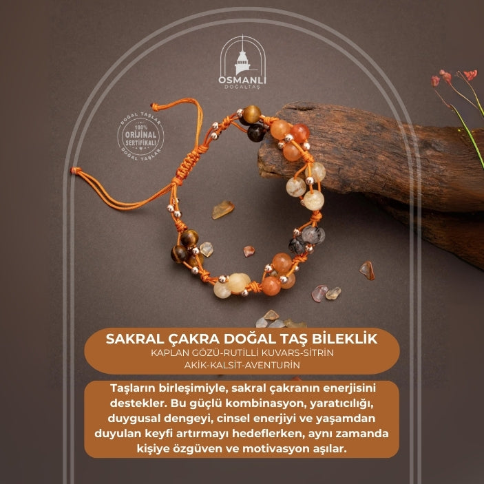 Sakral Çakra Doğal Taş Bileklik - Kaplan Gözü-Rutilli Kuvars-Sitrin-Akik-Kalsit-Aventurin