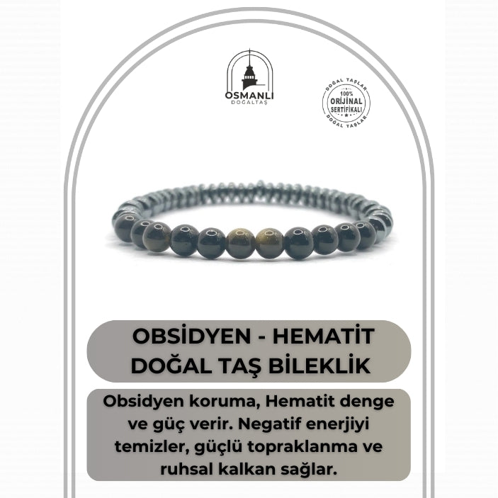Hakiki Orijinal Sertifikalı 6mm Obsidyen - Hematit Doğal Taş Misinalı Bileklik