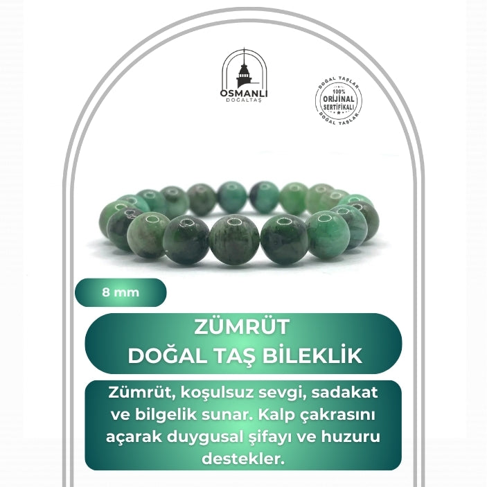 Hakiki Doğal Sertifikalı Zümrüt Doğal Taş Misinalı Bileklik 8mm